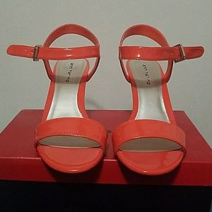 Orange patented cork wedges w/ankle strap. New.